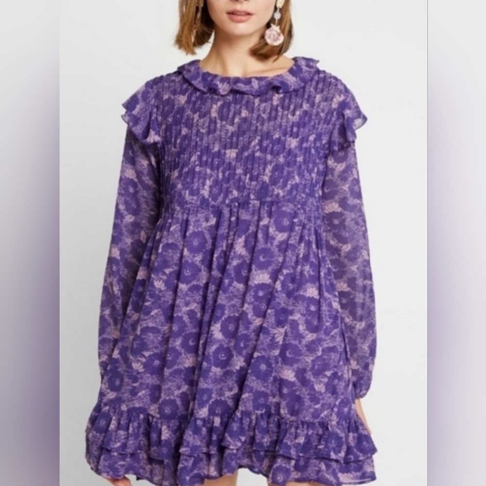 Free People Purple Floral Ruffle Long Sleeve These Dreams Mini Dress Size Sm